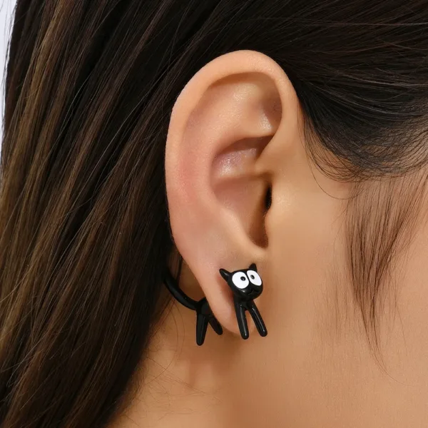 Cute Black Cat Front And Back Stud Earrings